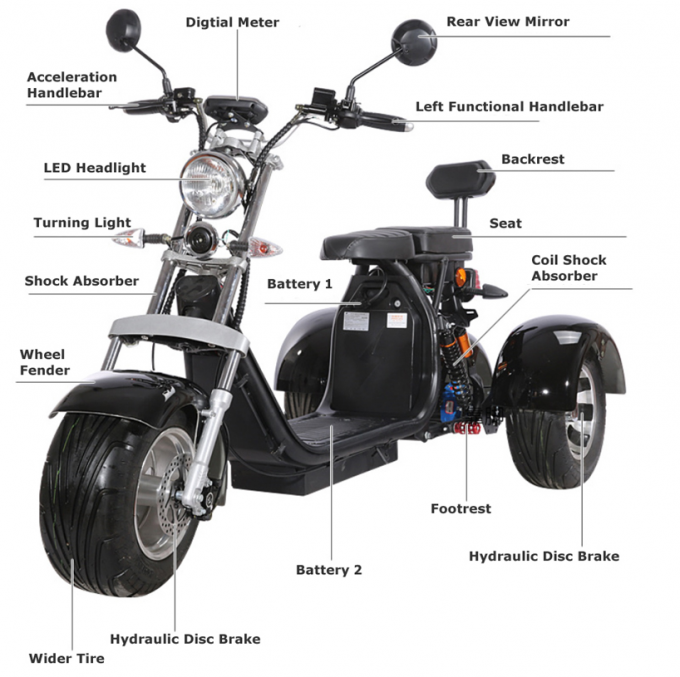 वयस्कों के लिए ऑफ रोड 3 व्हील इलेक्ट्रिक स्कूटर स्ट्रीट कानूनी 1000w 1500w 60v लिथियम बैटरी 1